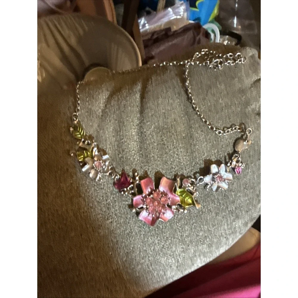Silver Tone Pink Green and Silver Enamel Rhinestone Flower Necklace 12